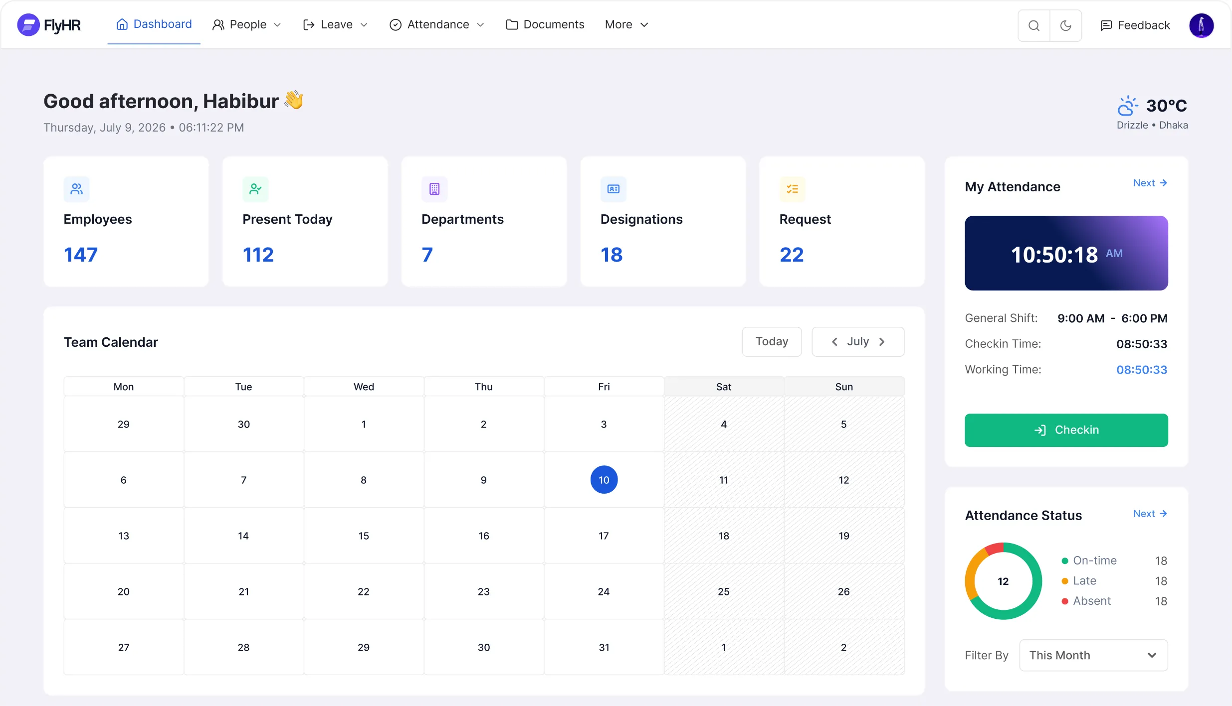 The FlyHR dashboard inside WordPress: employee, attendance and department counts, a team calendar and today's attendance