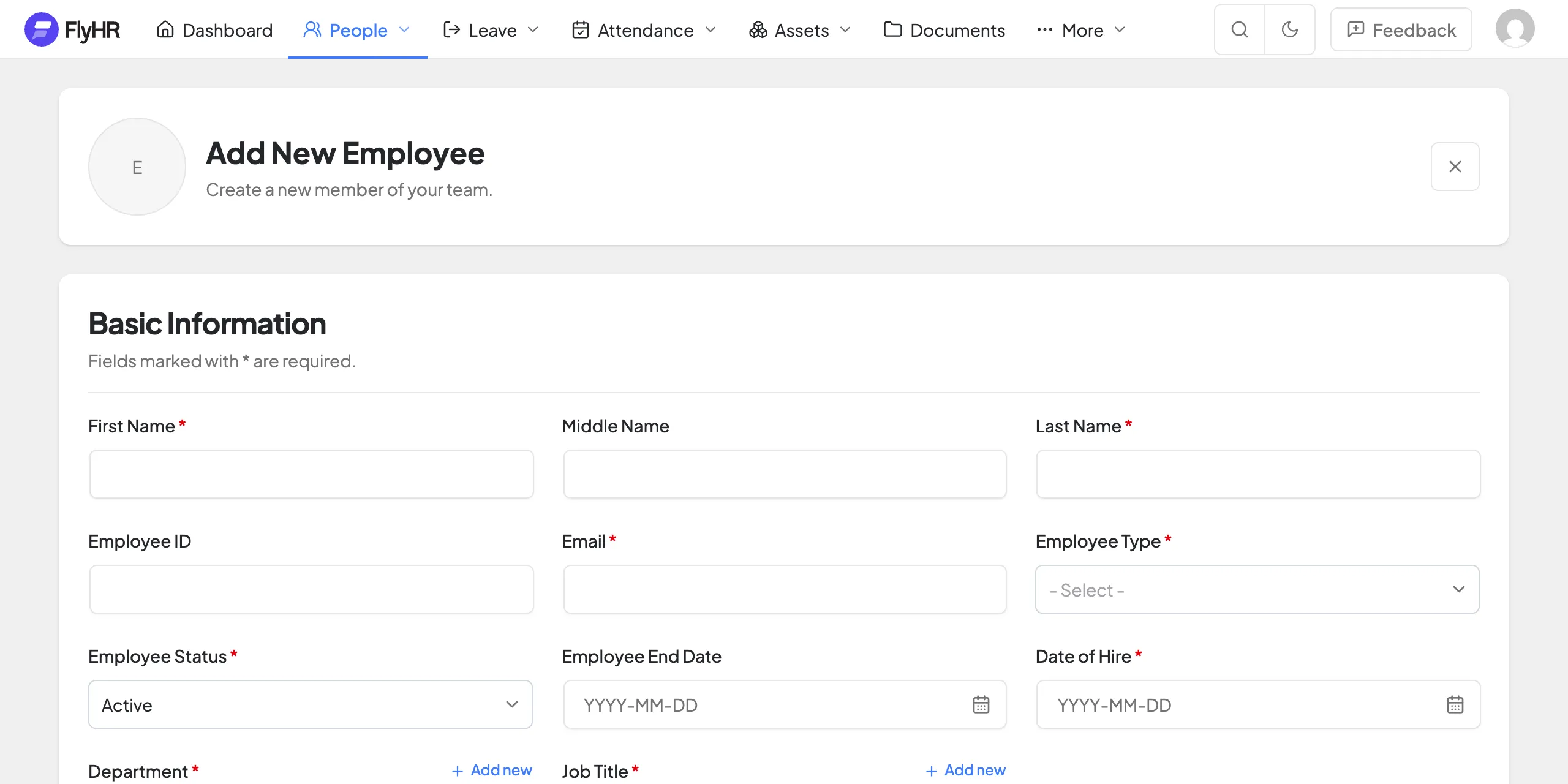 The Add New Employee form: first, middle and last name, employee ID, email, employee type and status, end date, date of hire, department and job title