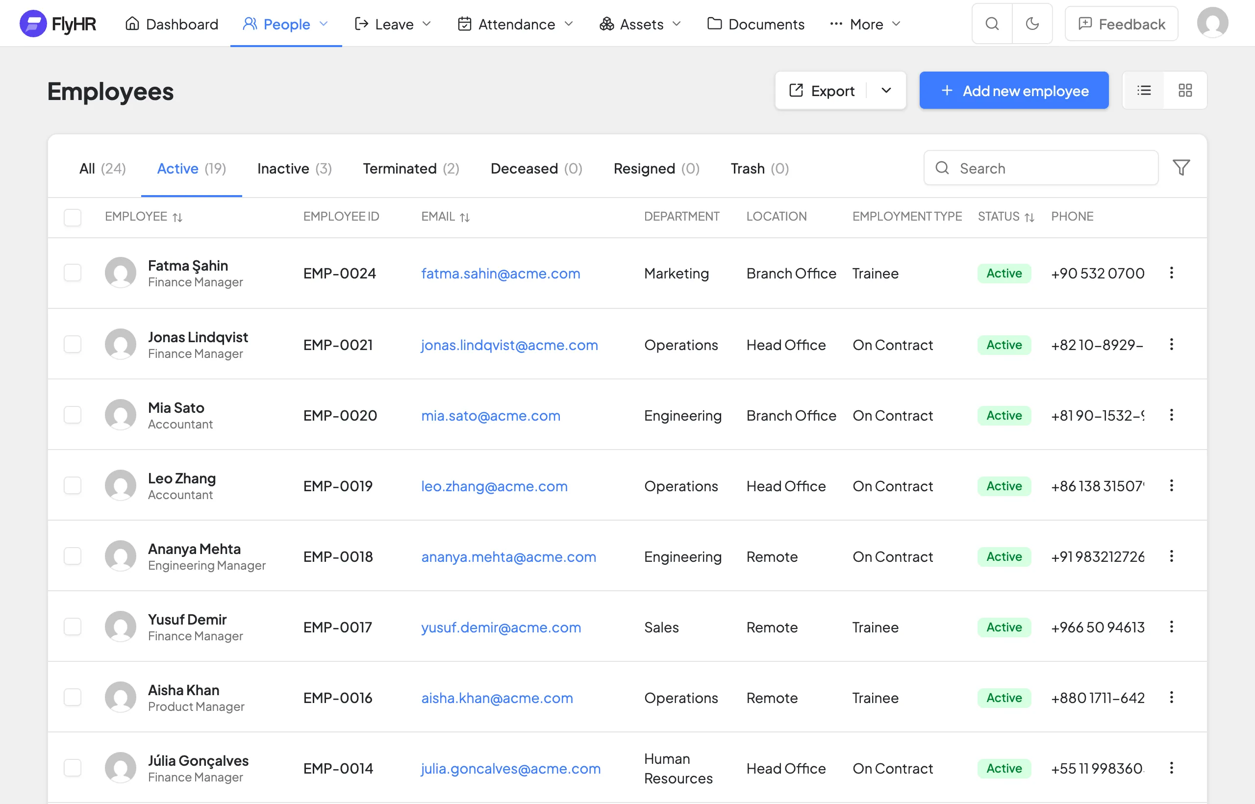 The FlyHR employee list with status tabs, search and a row for every employee
