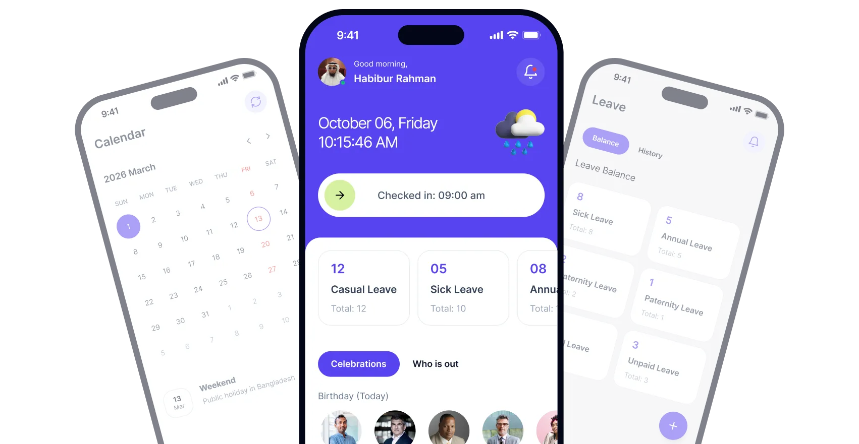 The FlyHR mobile app: calendar, home screen with check-in, and leave balances