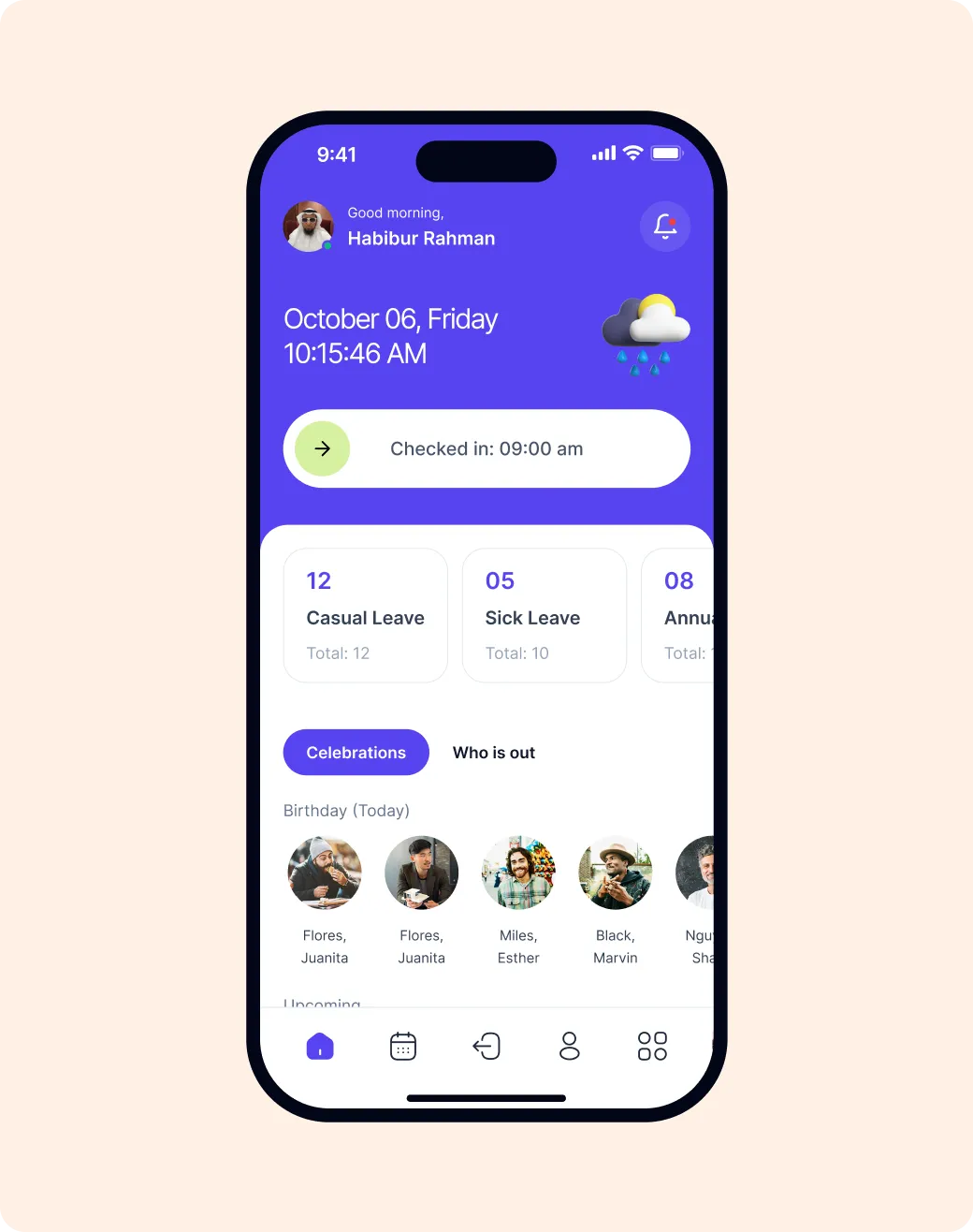 FlyHR app home screen with the check-in slider, leave balances and today's birthdays