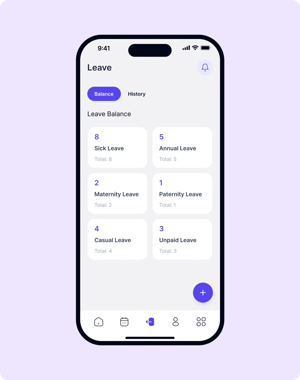FlyHR app leave balance for sick, annual, maternity, paternity, casual and unpaid leave