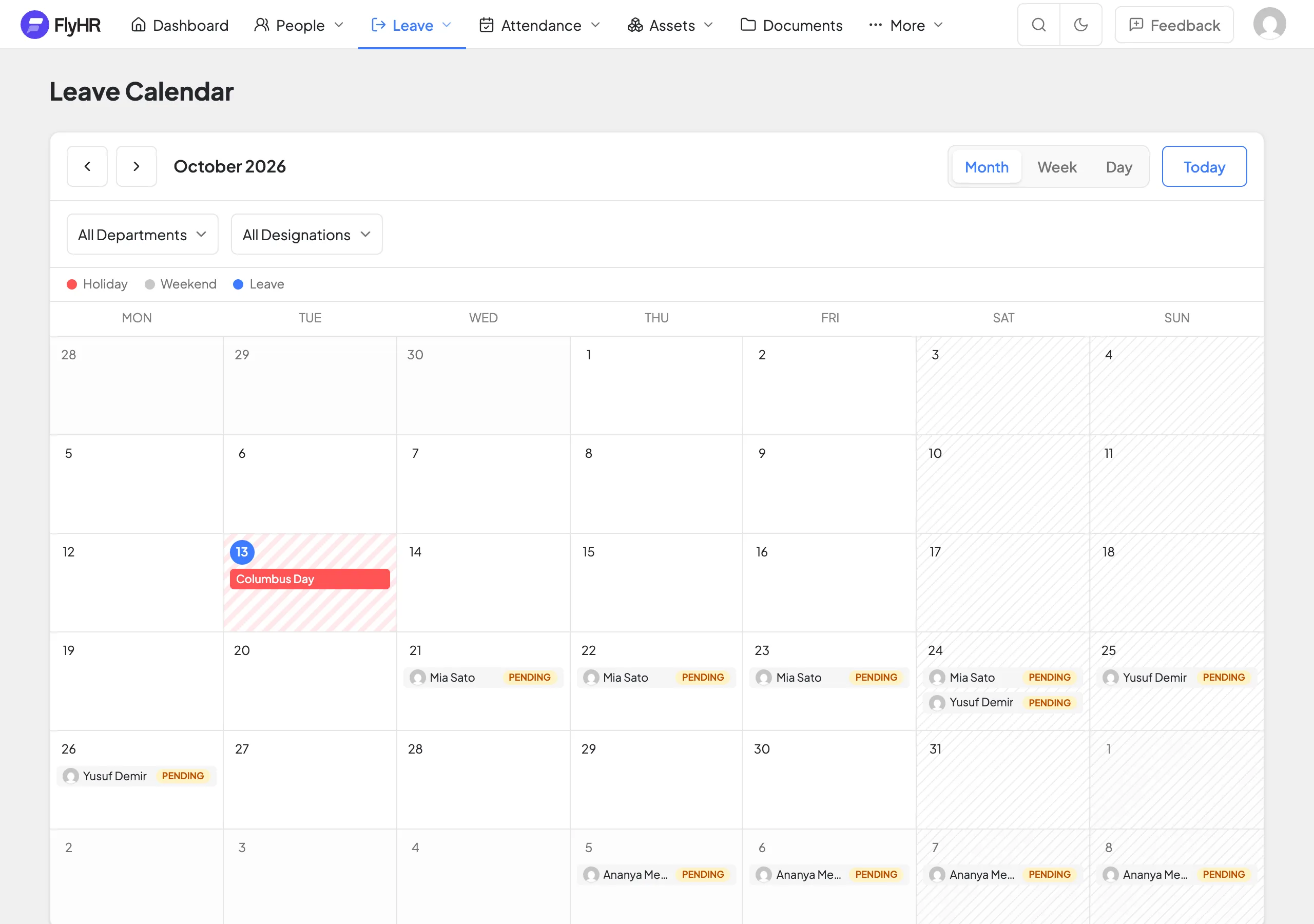 The FlyHR leave calendar for a month, with leave, holiday and pending chips on the days