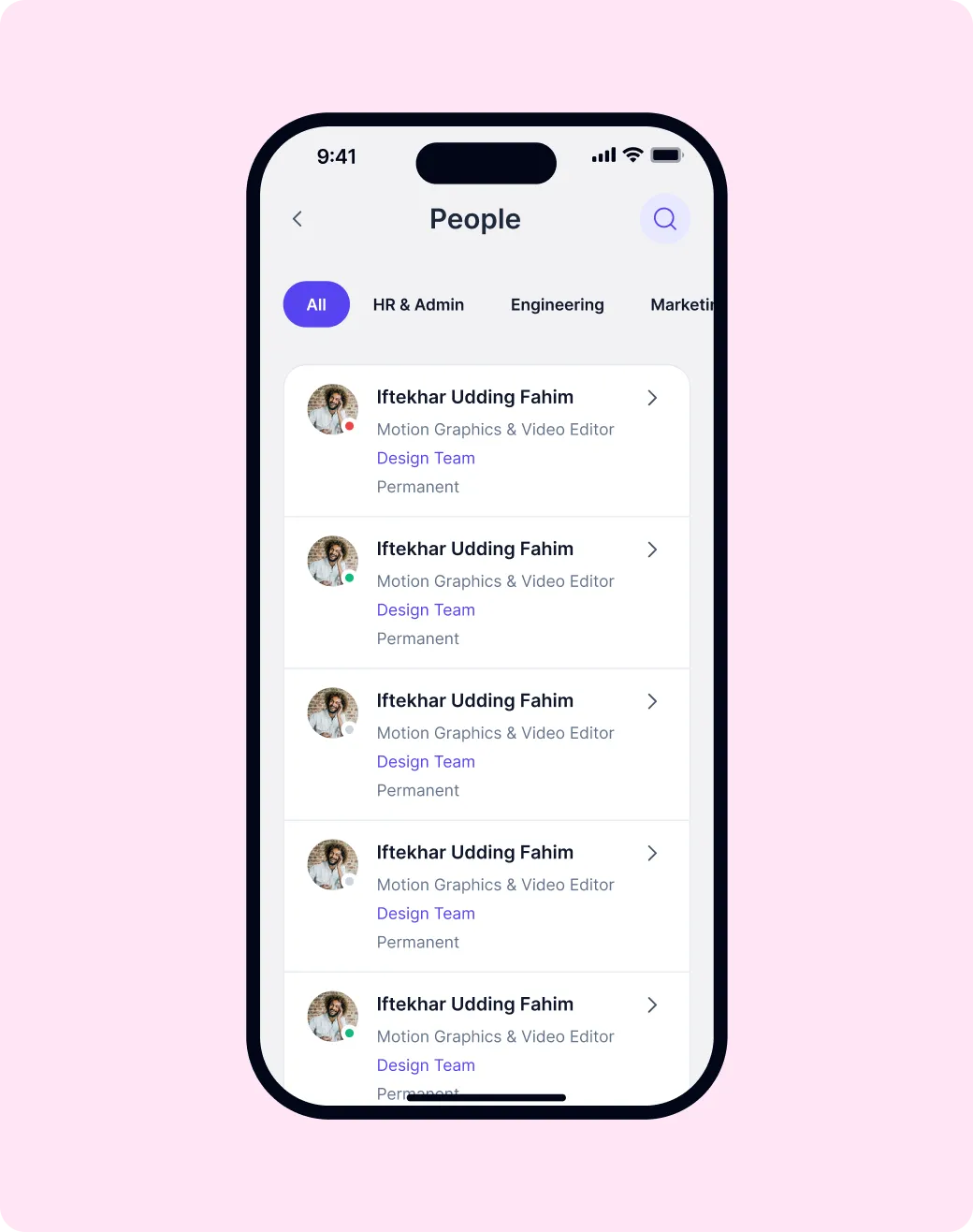 FlyHR app people directory with department filters