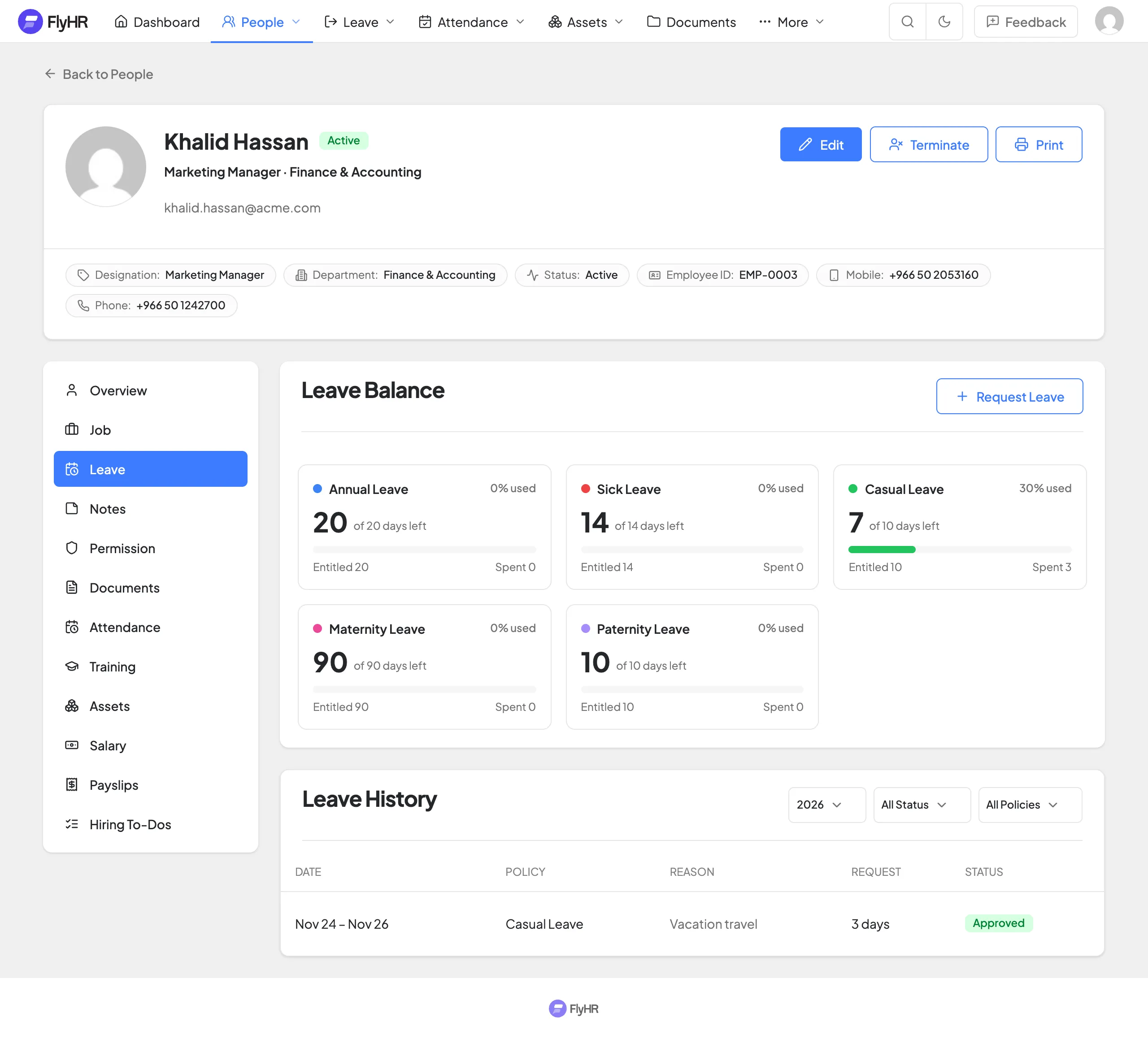 An employee’s leave tab in FlyHR, showing balances by leave type and recent requests