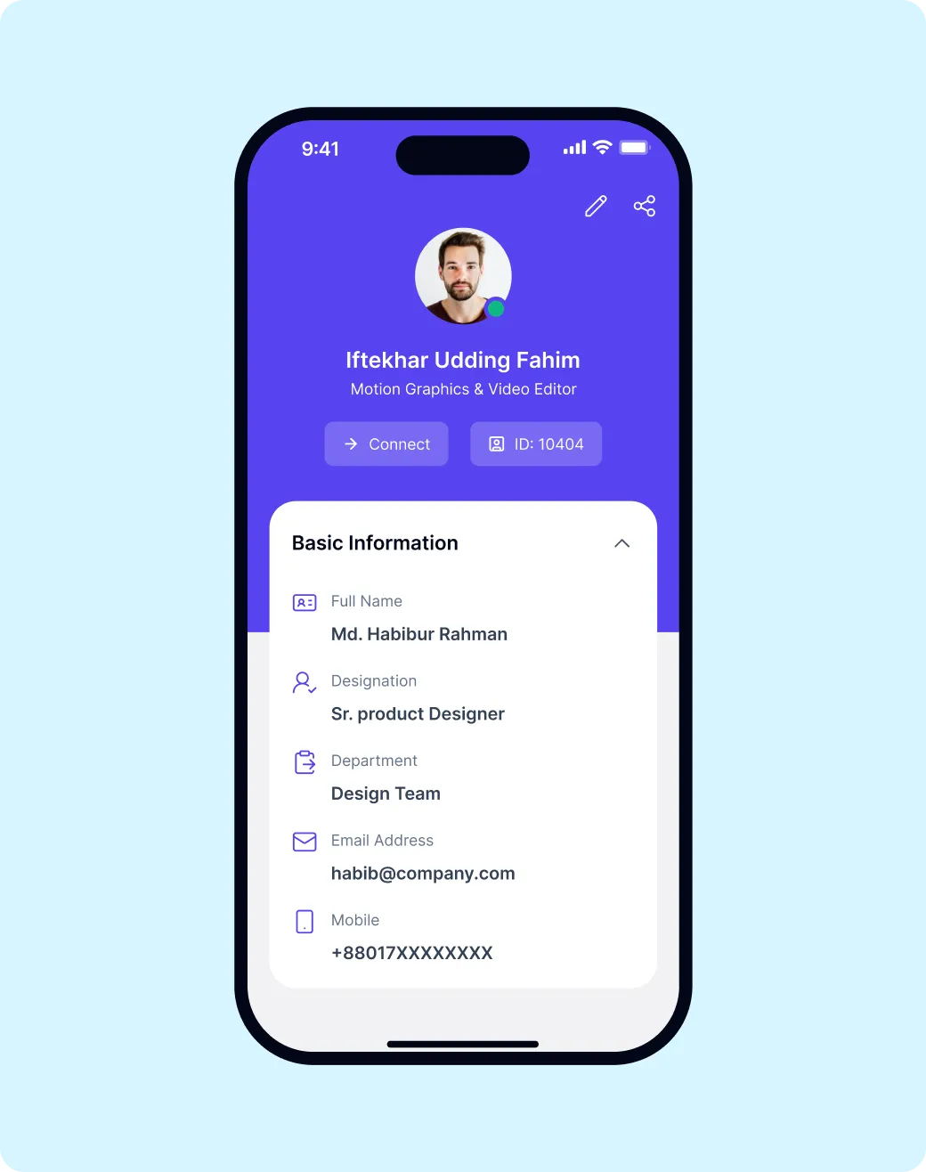 FlyHR app profile screen with name, designation, department, email and mobile