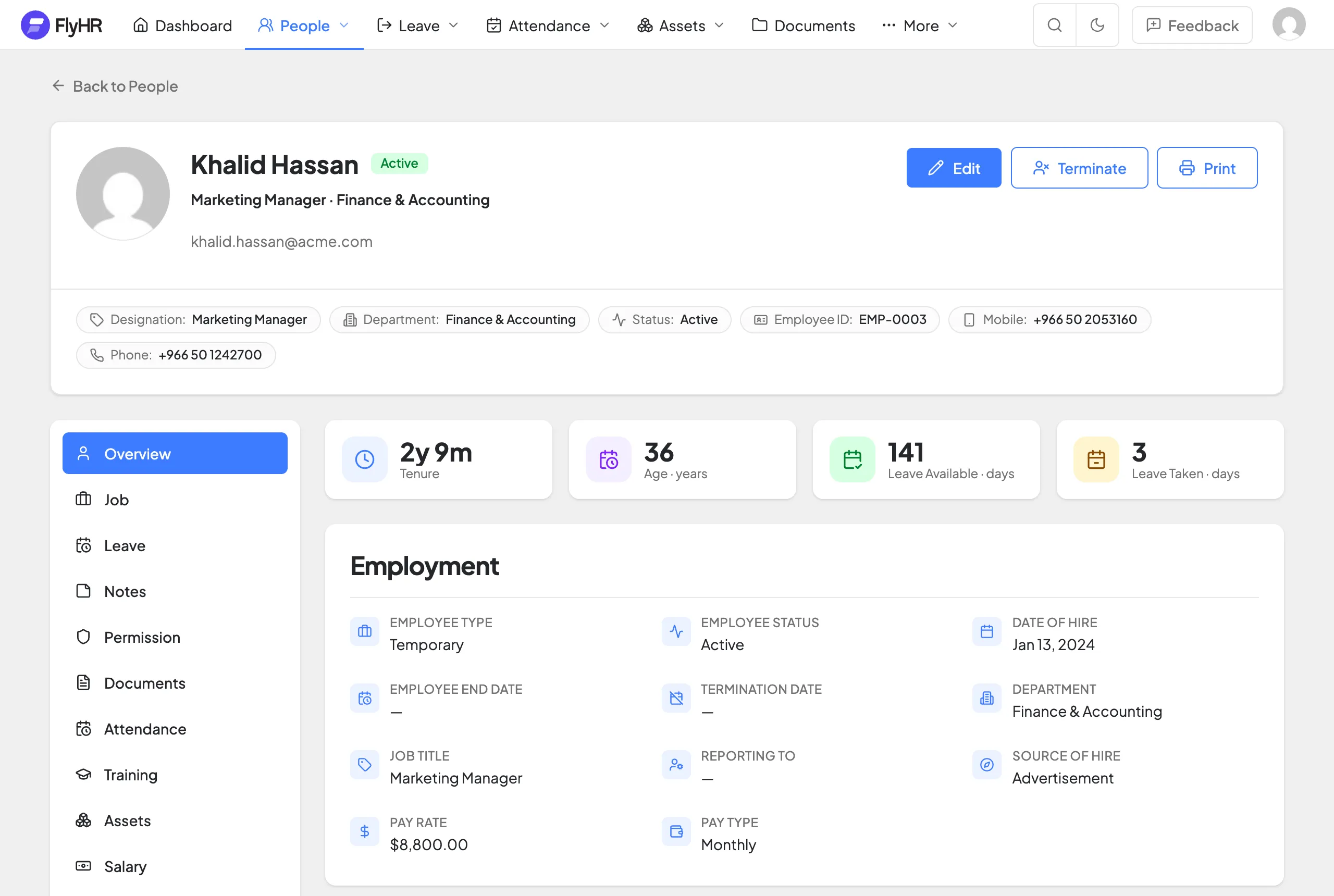 An employee profile in FlyHR showing the employment overview