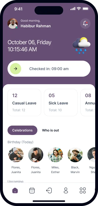 The FlyHR mobile app home screen in a custom brand colour
